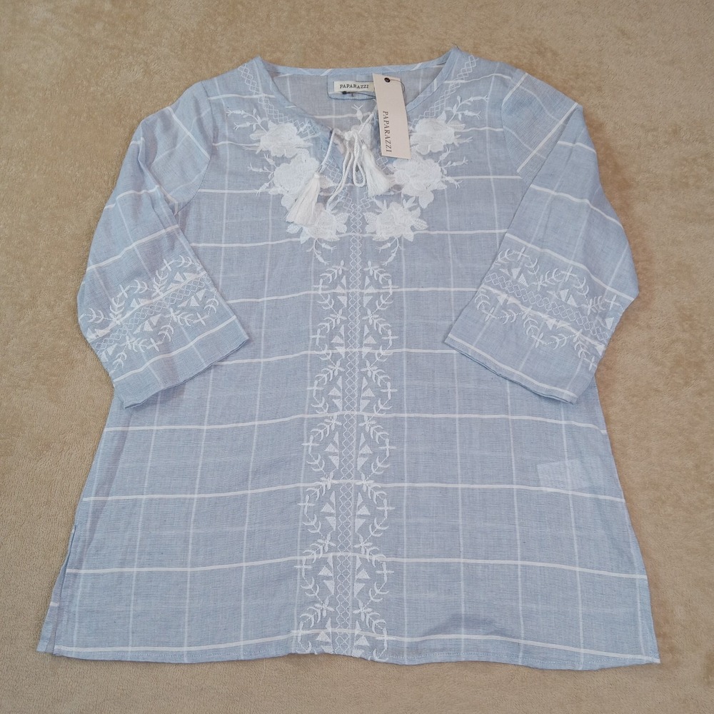 Paparazzi NWT Embroidered Tassel Tie V-Neck Tunic Blouse Women's Large Blue
